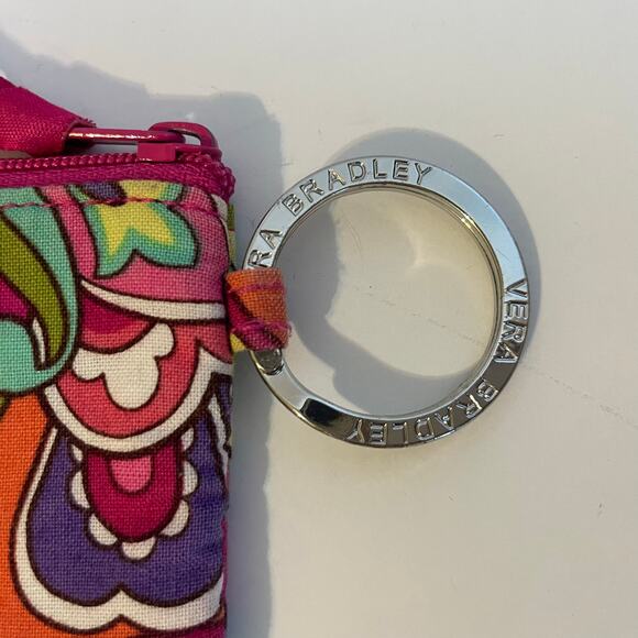 Vera Bradley Pink Swirl Paisley Floral Cotton Mini Zip ID Wallet Silver Key Ring - Picture 9 of 11